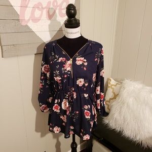 Wishful Park Navy Floral Cinch Waist Blouse